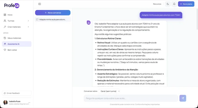 Tela do ProfeAI com o assistente de IA conversando sobre a turma