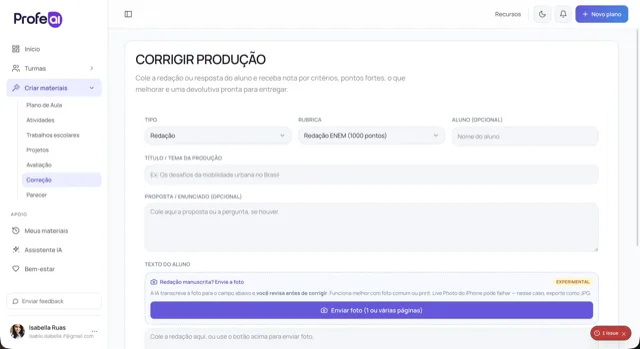 Tela do ProfeAI de correção de avaliações com feedback por aluno