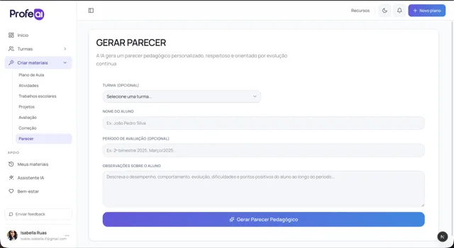 Tela do ProfeAI com um parecer descritivo de aluno gerado