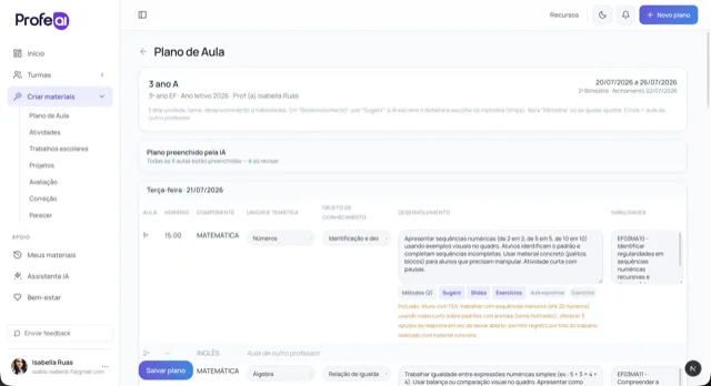 Tela do ProfeAI mostrando um plano de aula semanal completo