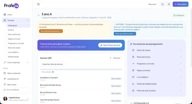 Tela do ProfeAI com detalhes da turma e adaptações de inclusão